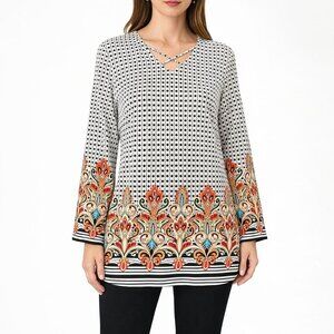 Chico’s Size 0 (S/4) Black White Polka Dot Tunic Top Floral Border V-Neck